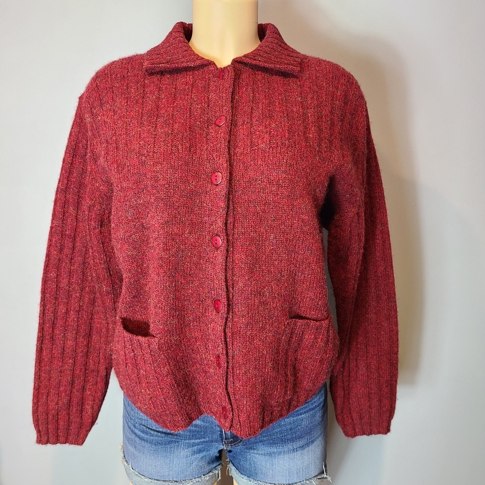 Vtg Leelanau Trail Cardi Minimalist 90s Women Sweater Red Wool Preppy Old Money